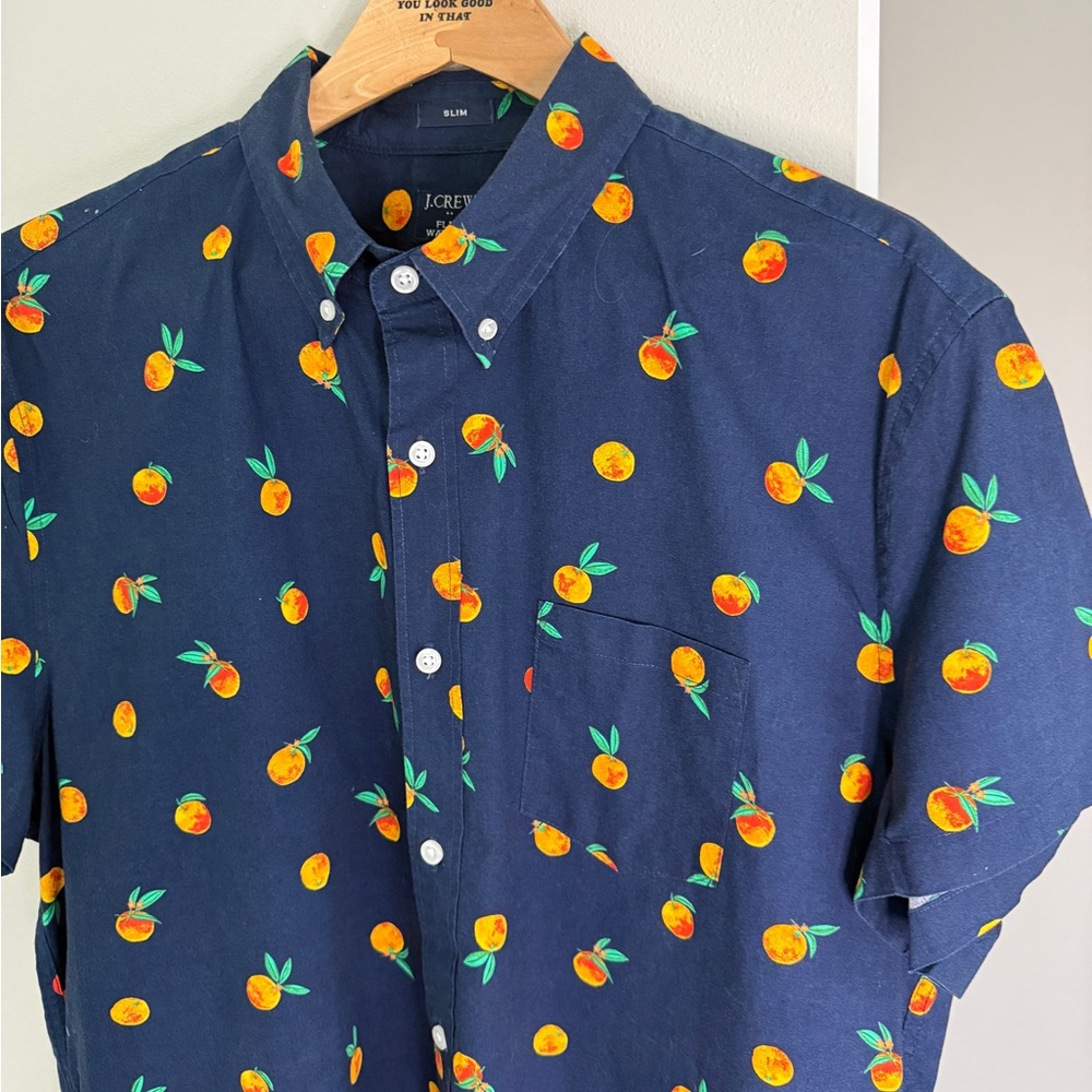 J. Crew Factory Short-sleeve slim orange-print flex casual shirt - Picture 3 of 6